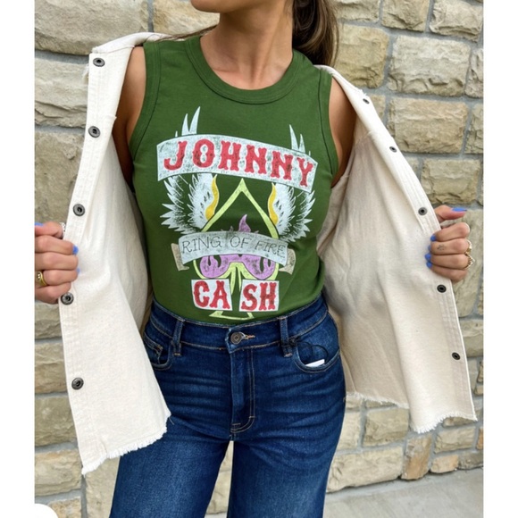Daydreamer Tops - DAYDREAMER Johnny Cash Ring of Fire Shrunken Tank Garden Green Small Large